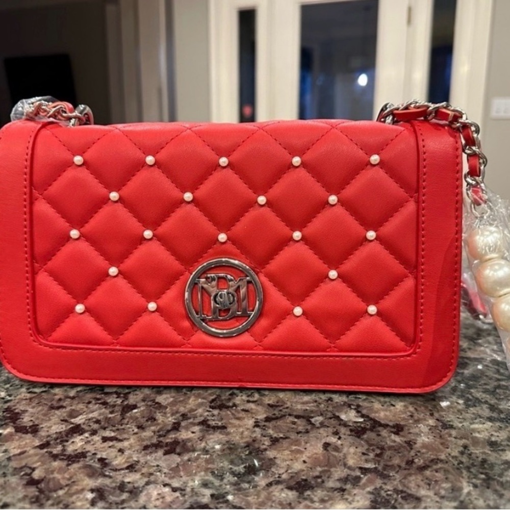 NWT Bagley, Mishka Red Quilted Pearl Accent Crossbody Bag - NWT